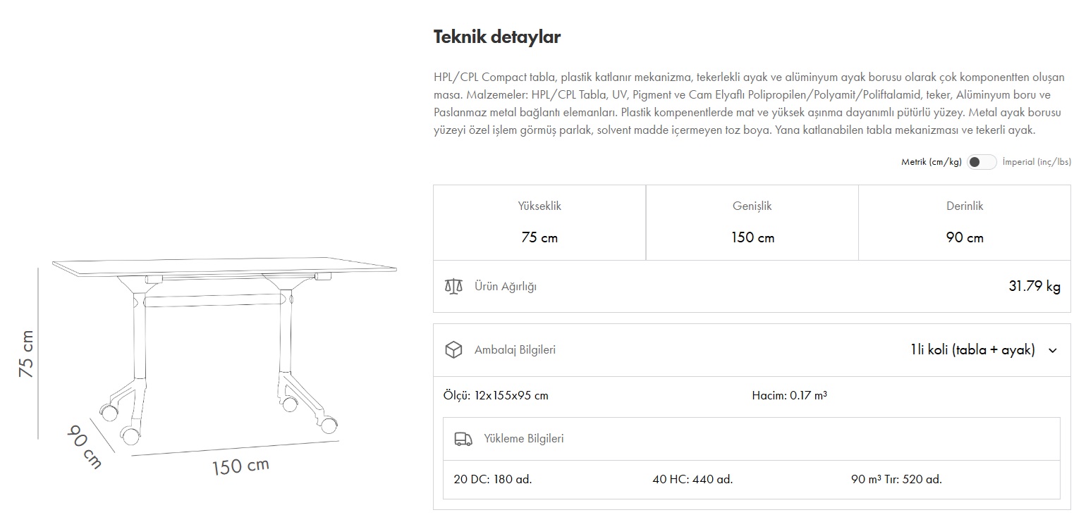 Snap L Masa 90x150 Tekerlekli